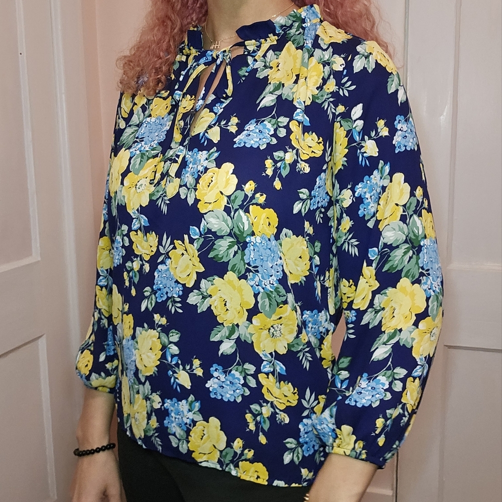 Floral Women's Top - Blue and Yellow